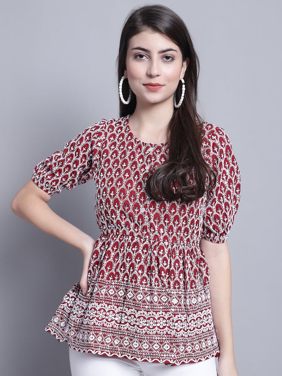 Women's Chikankari & Sequins Work Empire Top - JNT_2016Maroon_XS