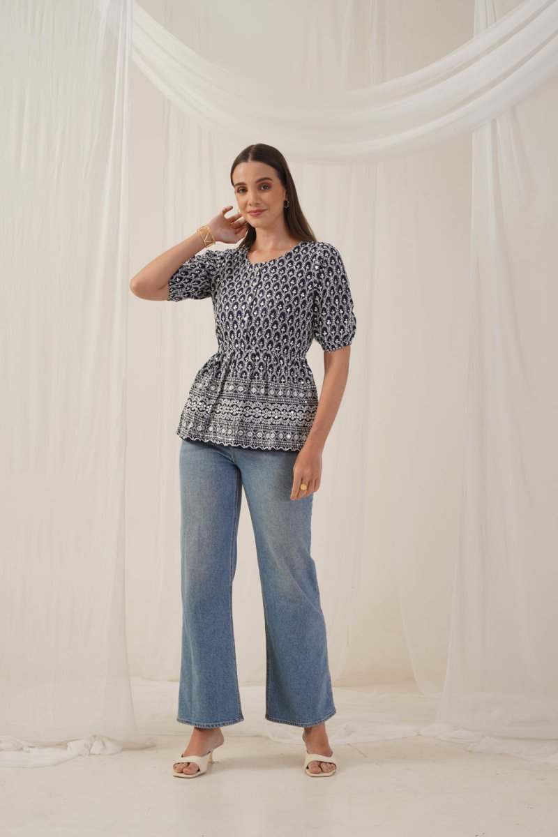 Women's Chikankari & Sequins Work Empire Top - JNT_2016Navy_XS