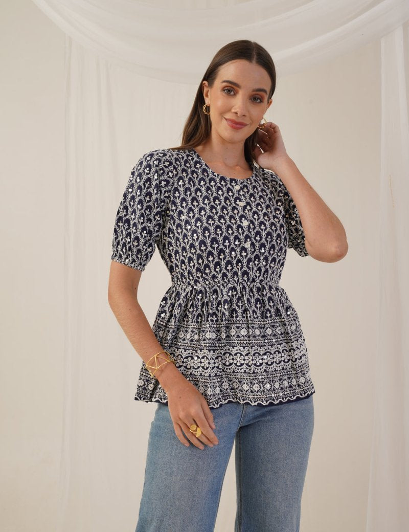Women's Chikankari & Sequins Work Empire Top - JNT_2016Navy_XS