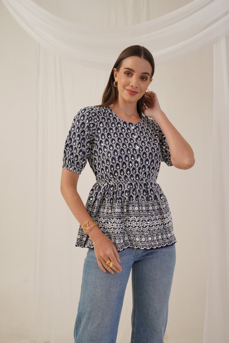 Women's Chikankari & Sequins Work Empire Top - JNT_2016Navy_XS