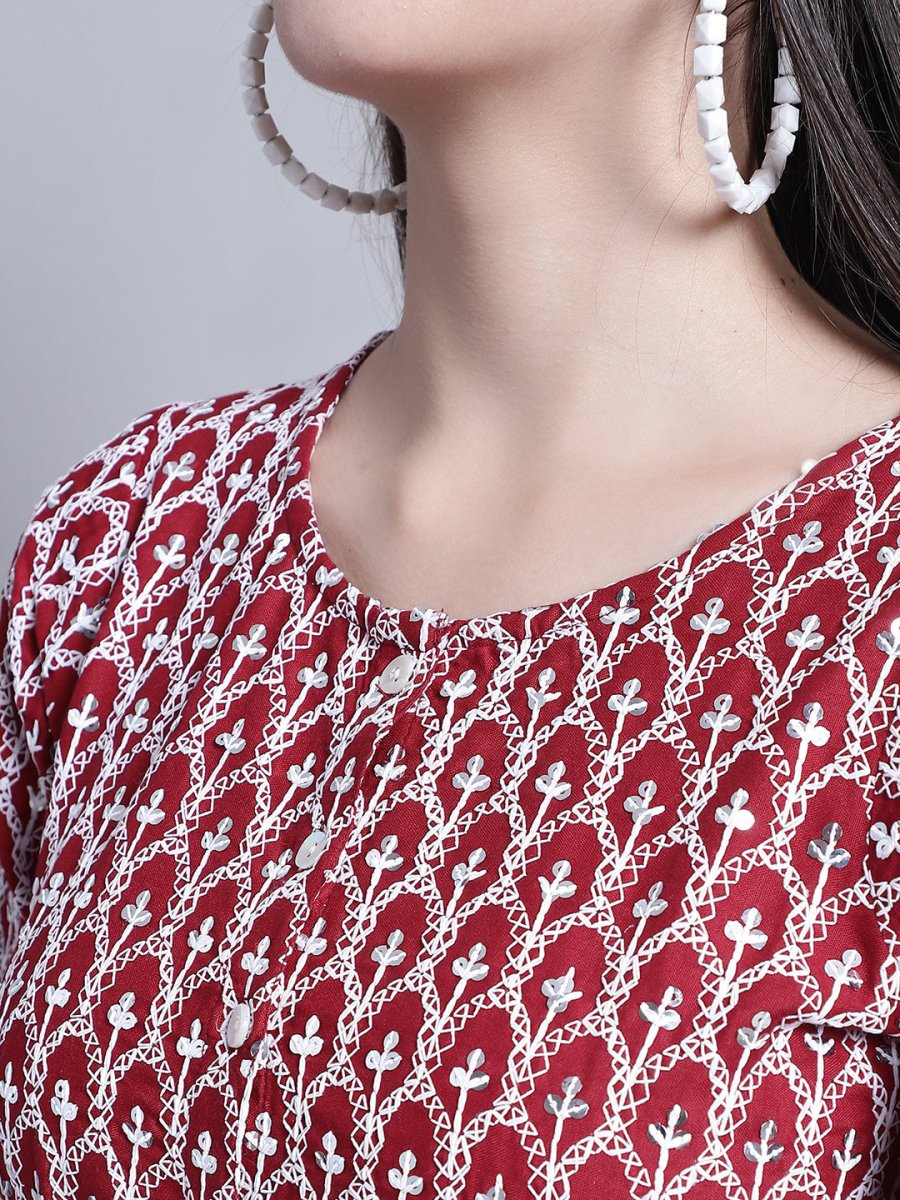 Women's Chikankari & Sequins Work Empire Top - JNT_2016Maroon_XS