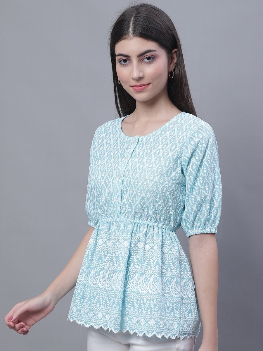 Women's Chikankari Work Empire Top - JNT_2011Sky_XS
