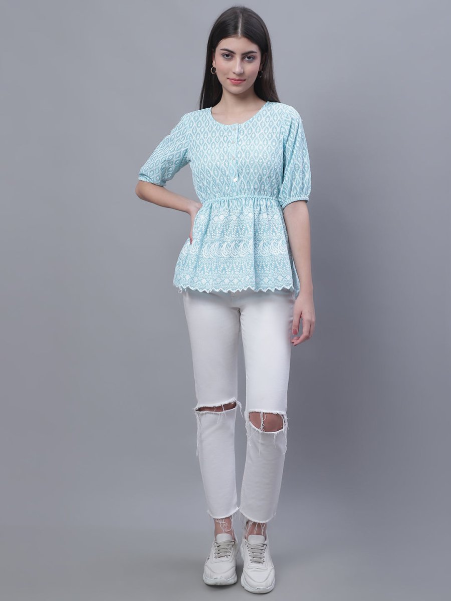 Women's Chikankari Work Empire Top - JNT_2011Sky_XS