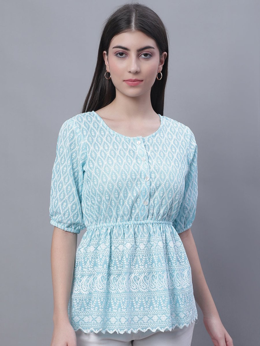 Women's Chikankari Work Empire Top - JNT_2011Sky_XS