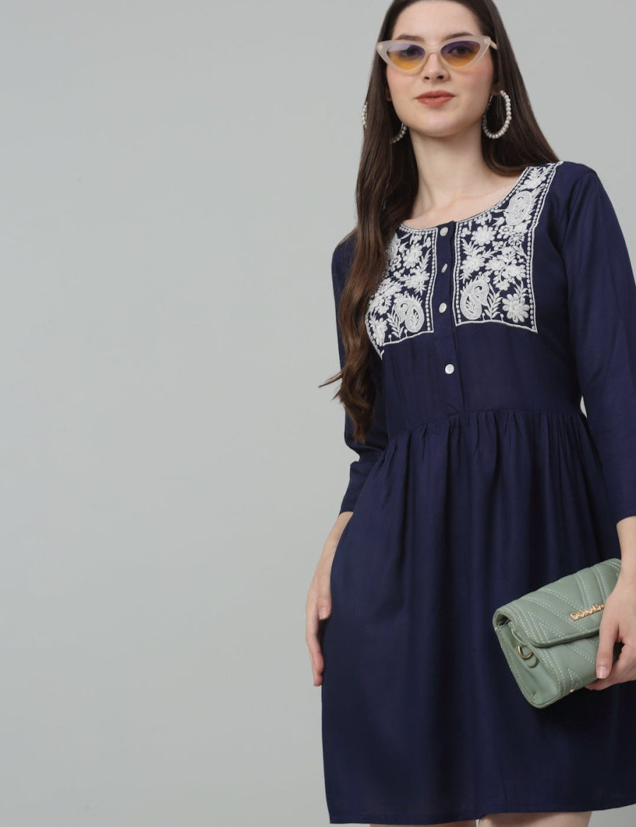 Women's Embroidered A-line Dress - JND_1020Navy_XS