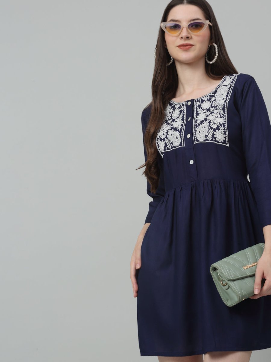 Women's Embroidered A-line Dress - JND_1020Navy_XS