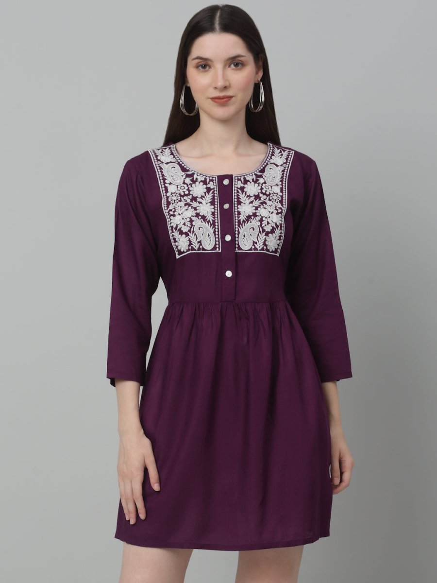 Women's Embroidered A-line Dress - JND_1020Purple_XS