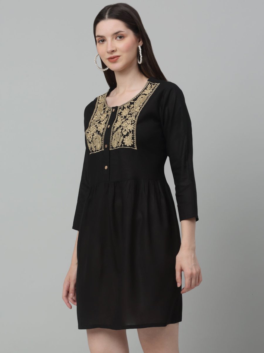 Women's Embroidered A-line Dress - JND_1020Black_XS