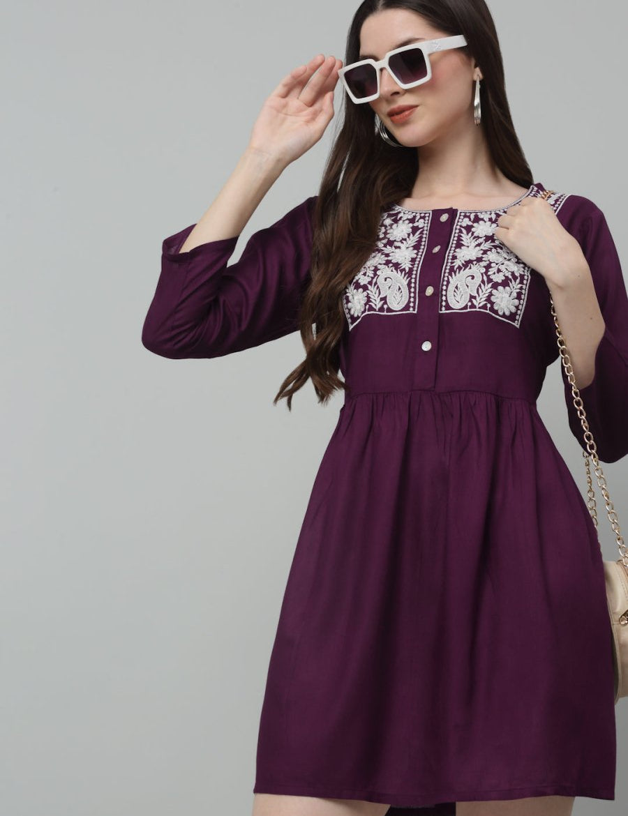 Women's Embroidered A-line Dress - JND_1020Purple_XS