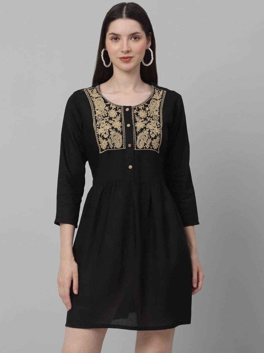Women's Embroidered A-line Dress - JND_1020Black_XS
