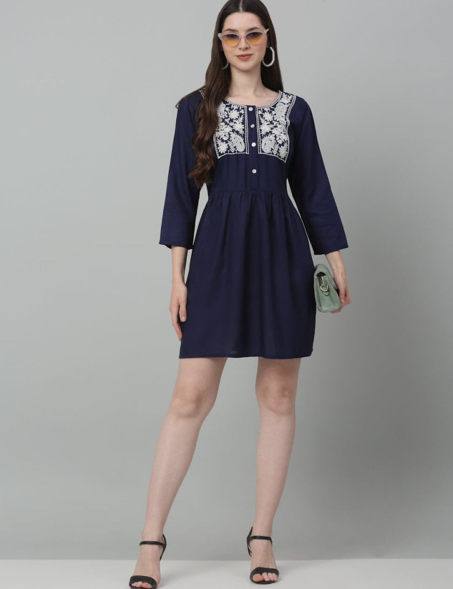 Women's Embroidered A-line Dress - JND_1020Navy_XS