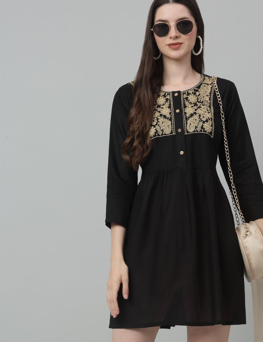 Women's Embroidered A-line Dress - JND_1020Black_XS