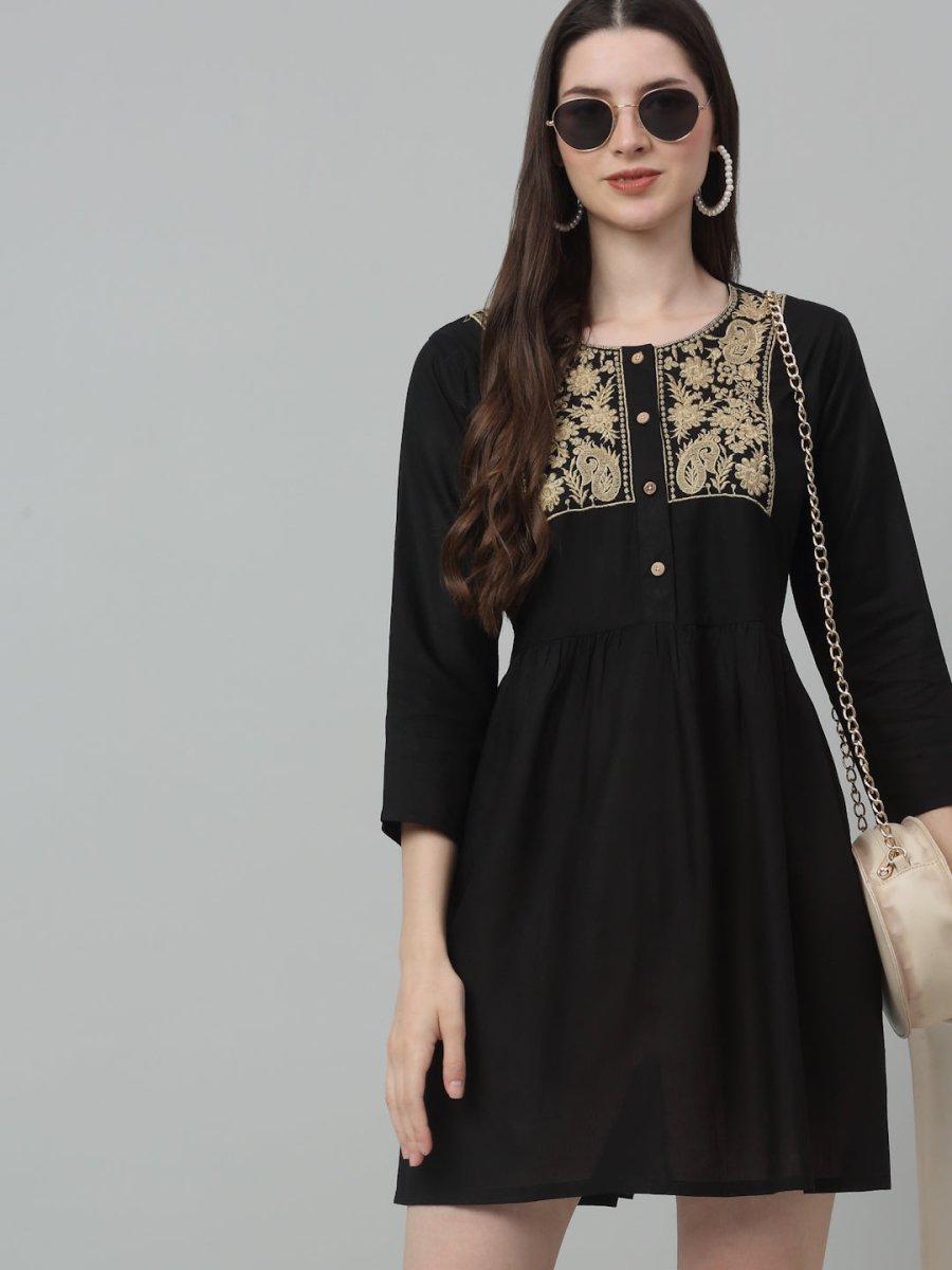 Women's Embroidered A-line Dress - JND_1020Black_XS