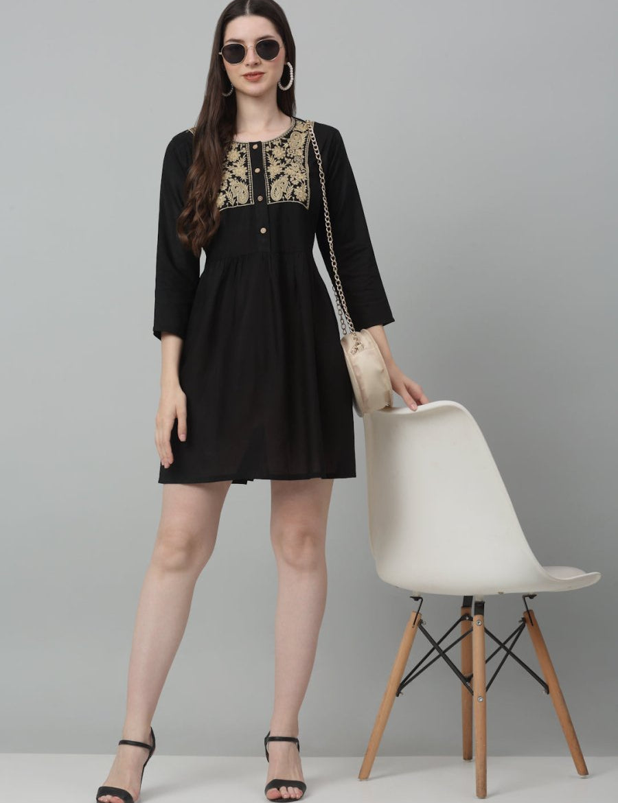 Women's Embroidered A-line Dress - JND_1020Black_XS