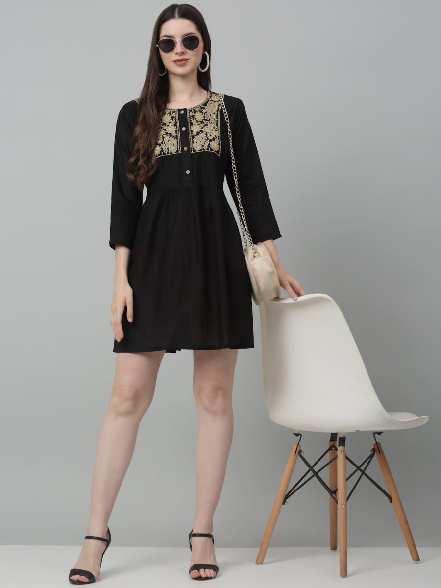 Women's Embroidered A-line Dress - JND_1020Black_XS