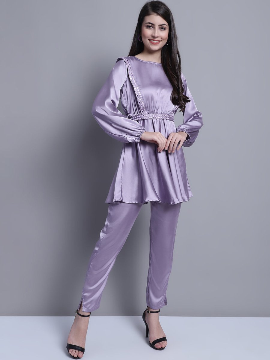 Women's Embroidered A-line Top and Trouser With Belt - JNCS_3005Purple_XS