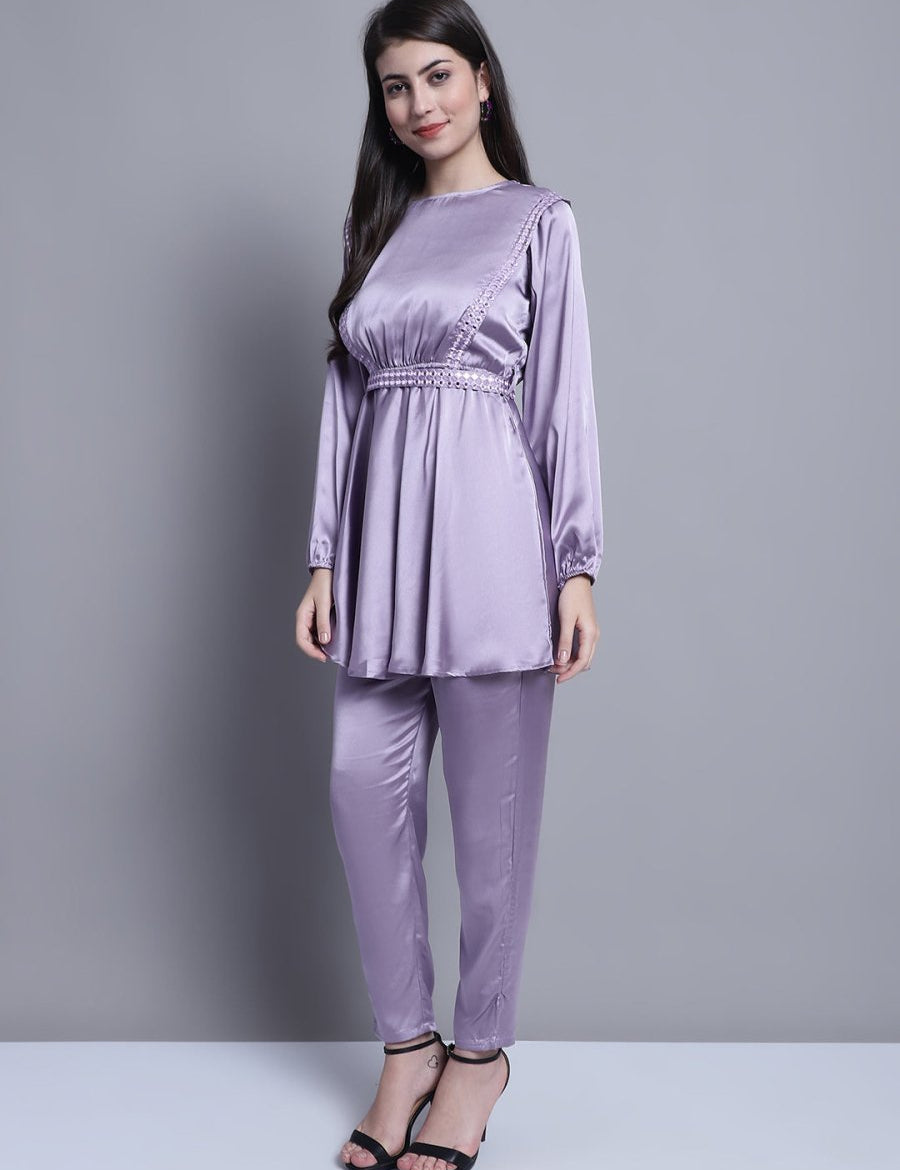 Women's Embroidered A-line Top and Trouser With Belt - JNCS_3005Purple_XS