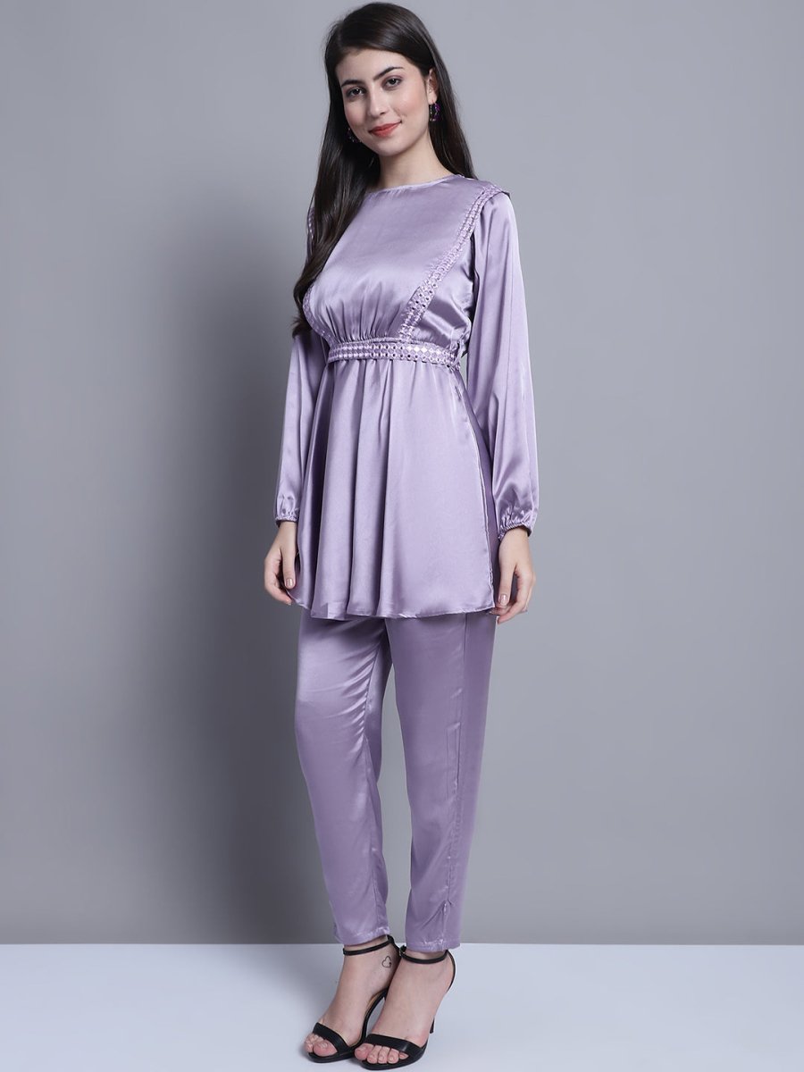 Women's Embroidered A-line Top and Trouser With Belt - JNCS_3005Purple_XS