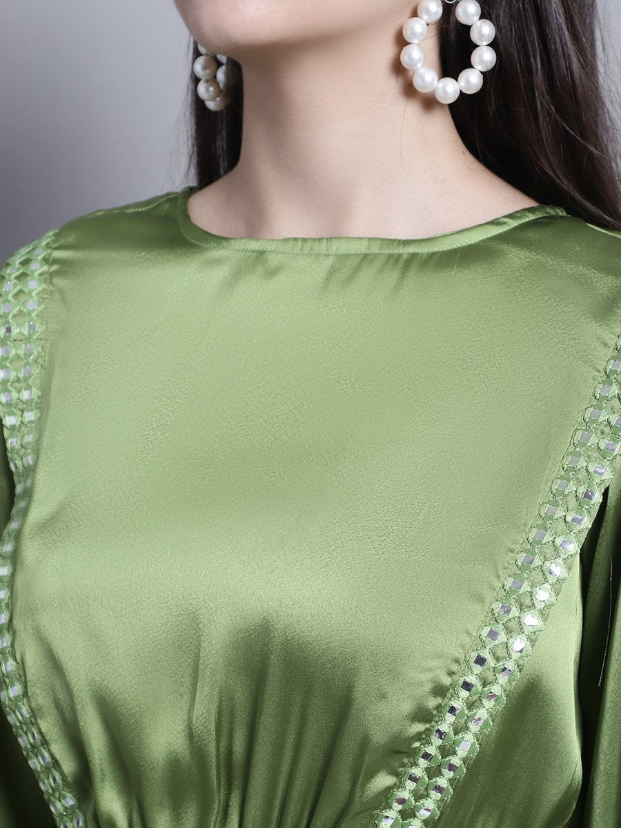 Women's Embroidered A-line Top and Trouser With Belt - JNCS_3005Green_XS
