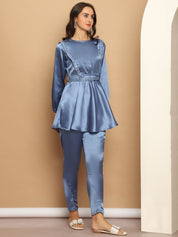 Women's Embroidered A-line Top and Trouser With Belt - JNCS_3005Blue_XS