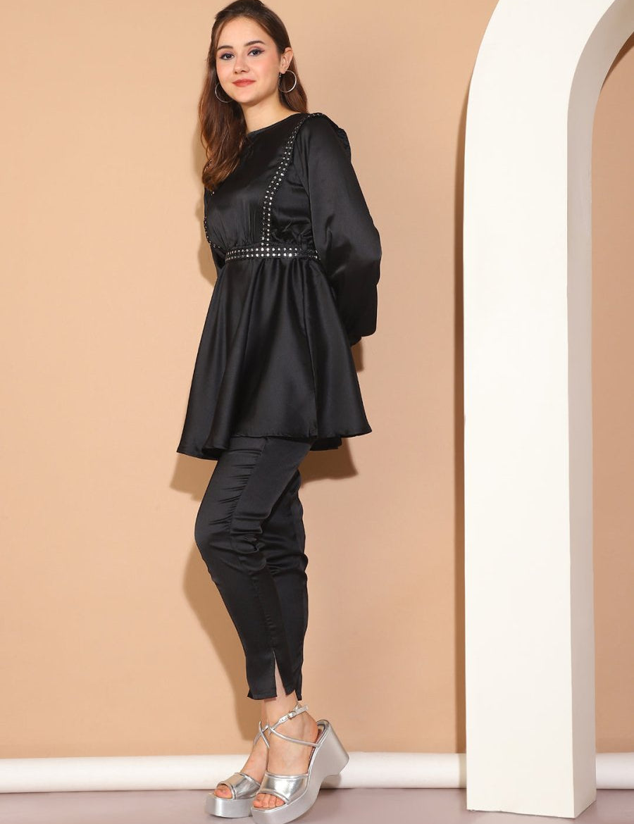 Women's Embroidered A-line Top and Trouser With Belt - JNCS_3005Black_XS