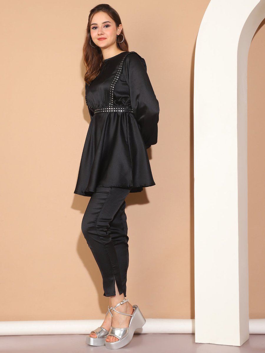 Women's Embroidered A-line Top and Trouser With Belt - JNCS_3005Black_XS