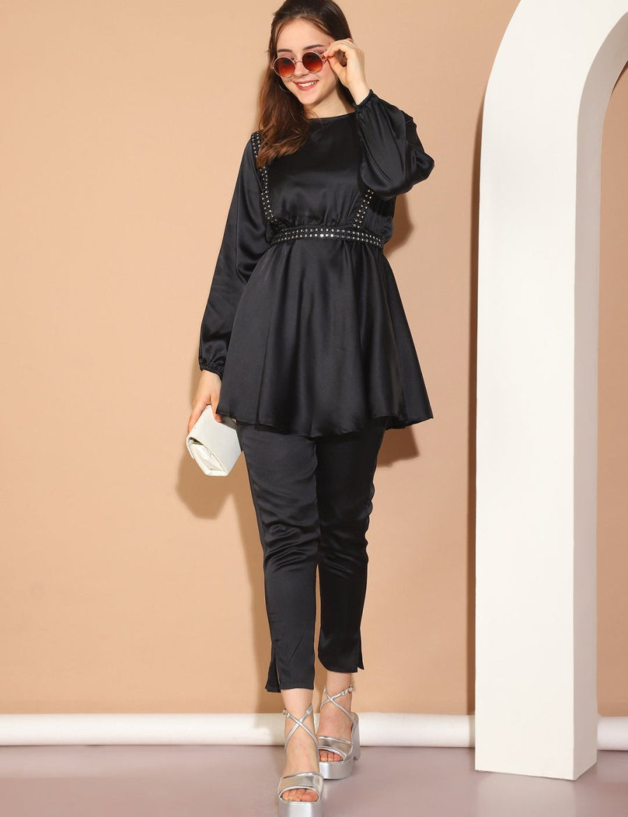 Women's Embroidered A-line Top and Trouser With Belt - JNCS_3005Black_XS