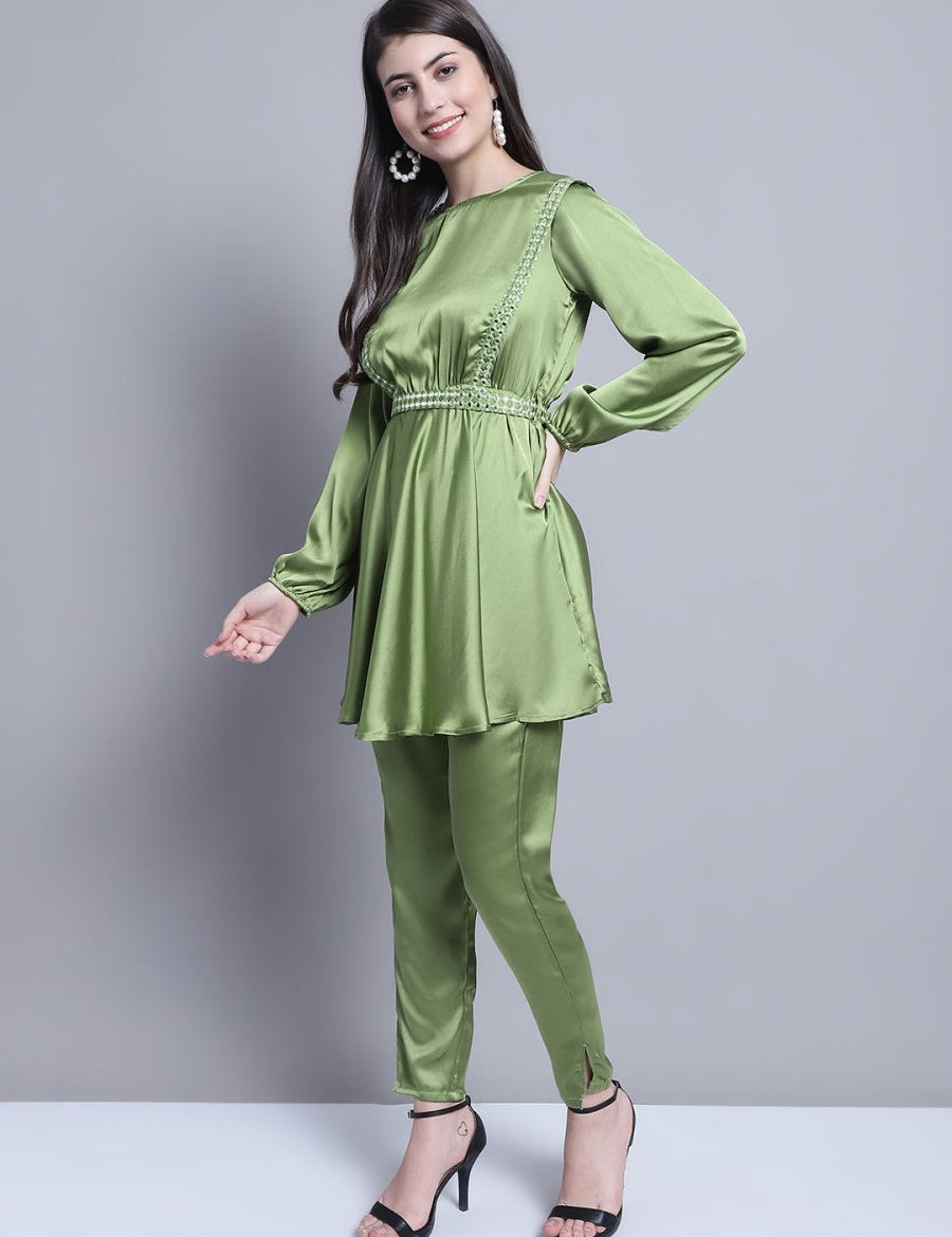 Women's Embroidered A-line Top and Trouser With Belt - JNCS_3005Green_XS