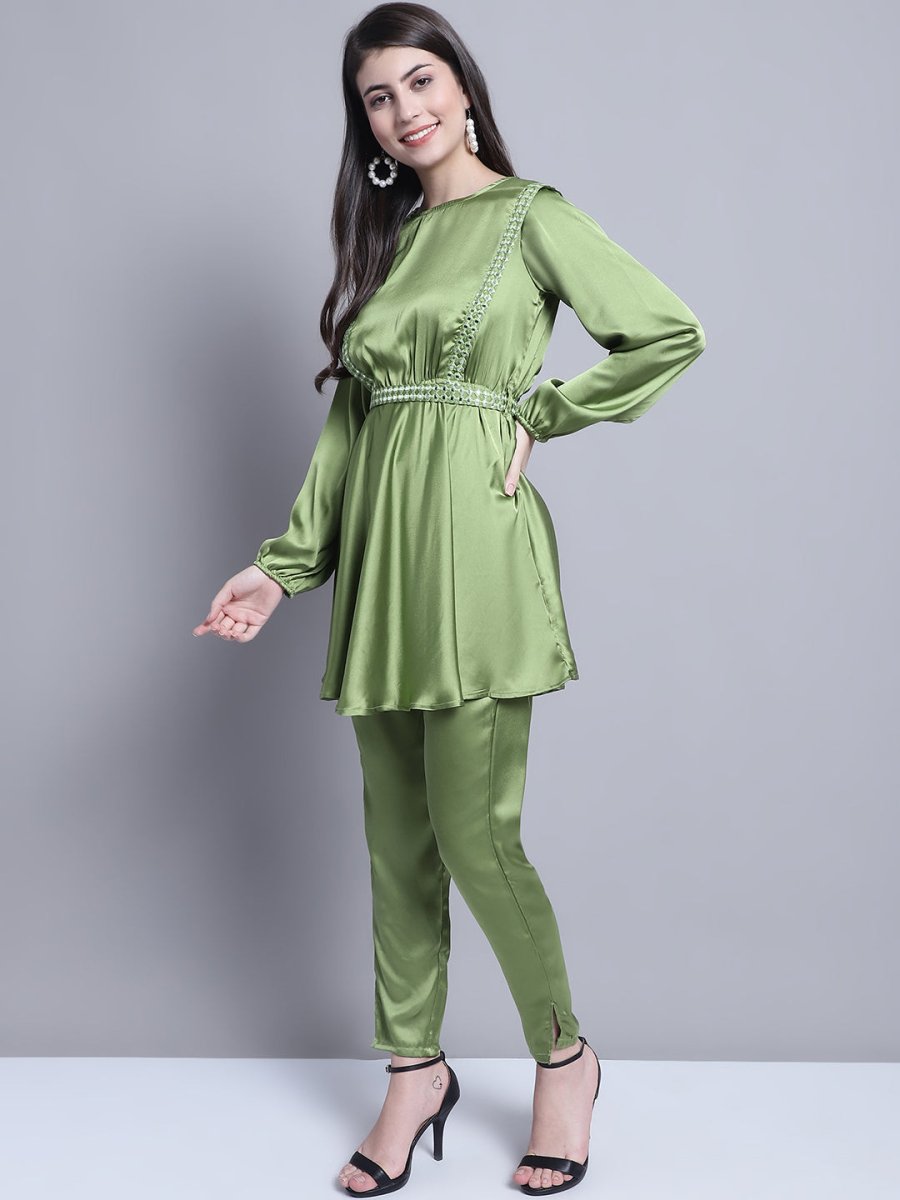 Women's Embroidered A-line Top and Trouser With Belt - JNCS_3005Green_XS