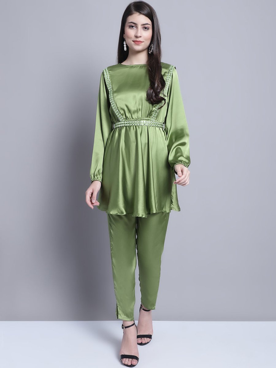 Women's Embroidered A-line Top and Trouser With Belt - JNCS_3005Green_XS