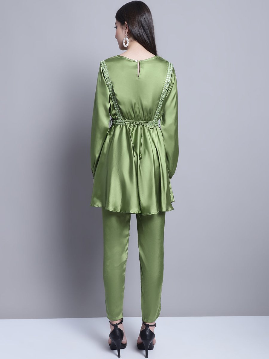 Women's Embroidered A-line Top and Trouser With Belt - JNCS_3005Green_XS