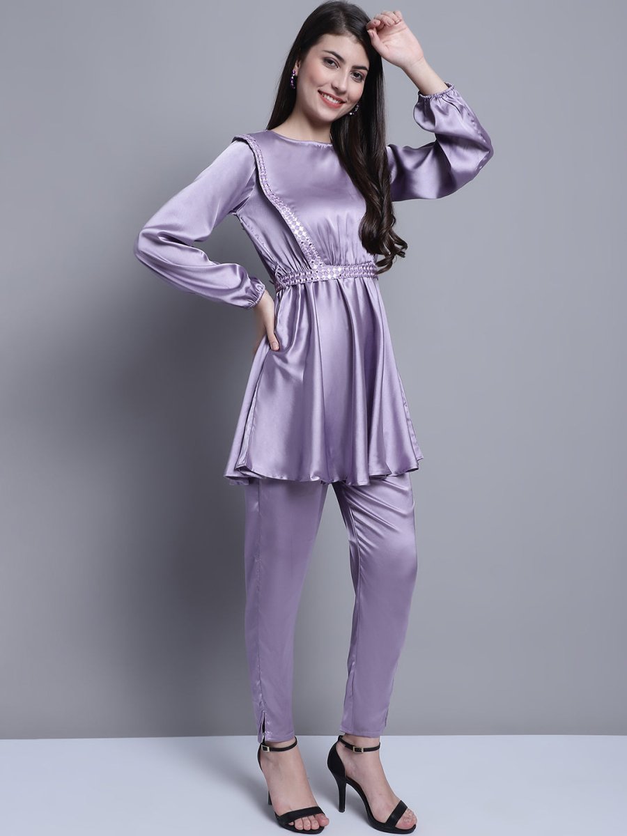 Women's Embroidered A-line Top and Trouser With Belt - JNCS_3005Purple_XS