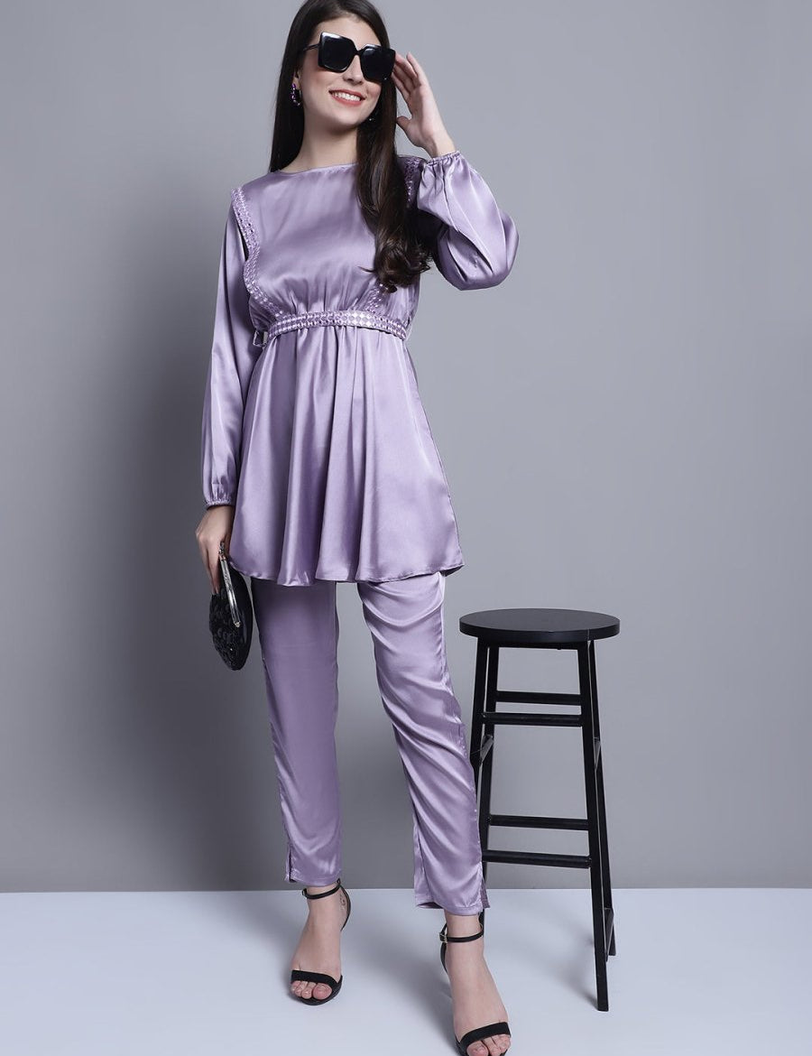 Women's Embroidered A-line Top and Trouser With Belt - JNCS_3005Purple_XS
