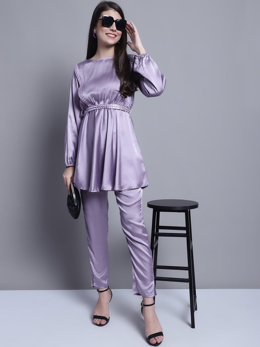 Women's Embroidered A-line Top and Trouser With Belt - JNCS_3005Purple_XS