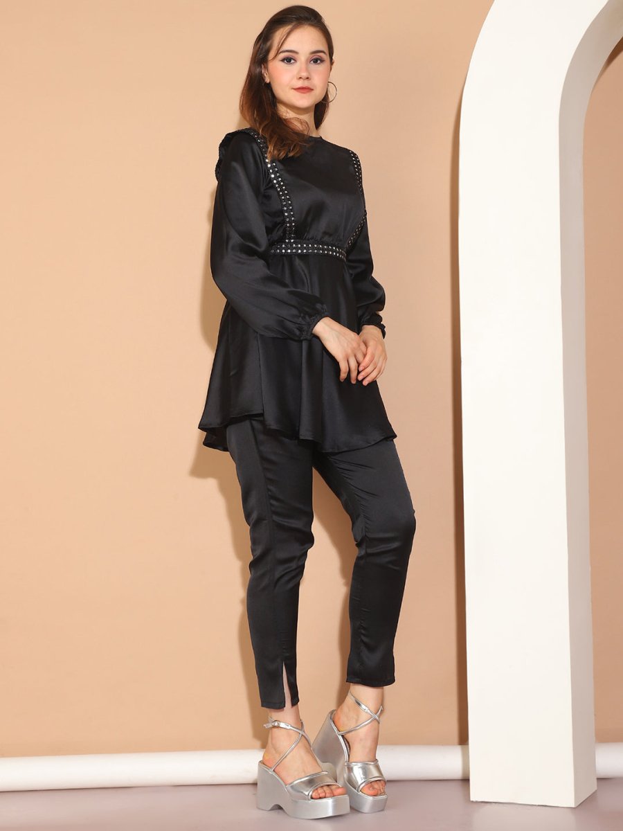 Women's Embroidered A-line Top and Trouser With Belt - JNCS_3005Black_XS