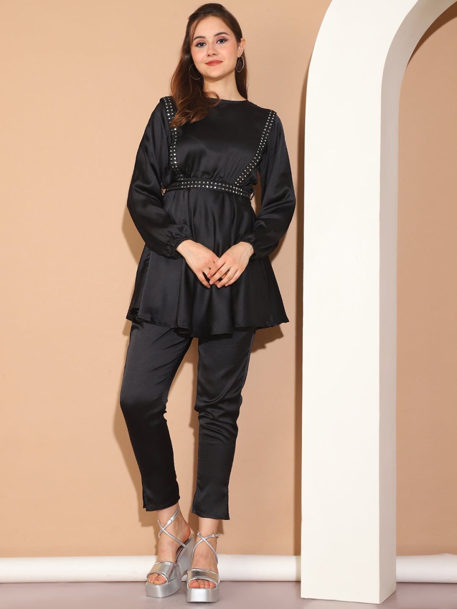 Women's Embroidered A-line Top and Trouser With Belt - JNCS_3005Black_XS