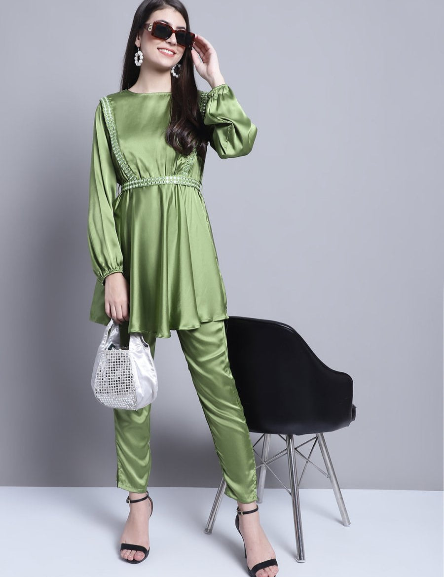 Women's Embroidered A-line Top and Trouser With Belt - JNCS_3005Green_XS