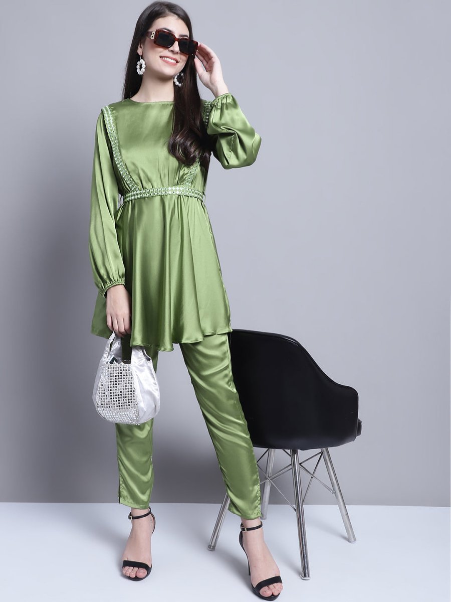 Women's Embroidered A-line Top and Trouser With Belt - JNCS_3005Green_XS