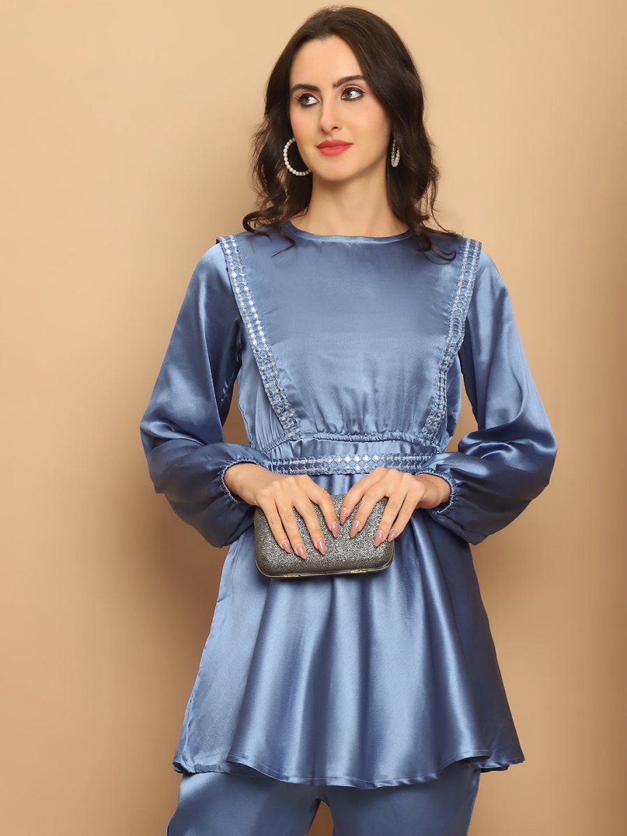 Women's Embroidered A-line Top and Trouser With Belt - JNCS_3005Blue_XS