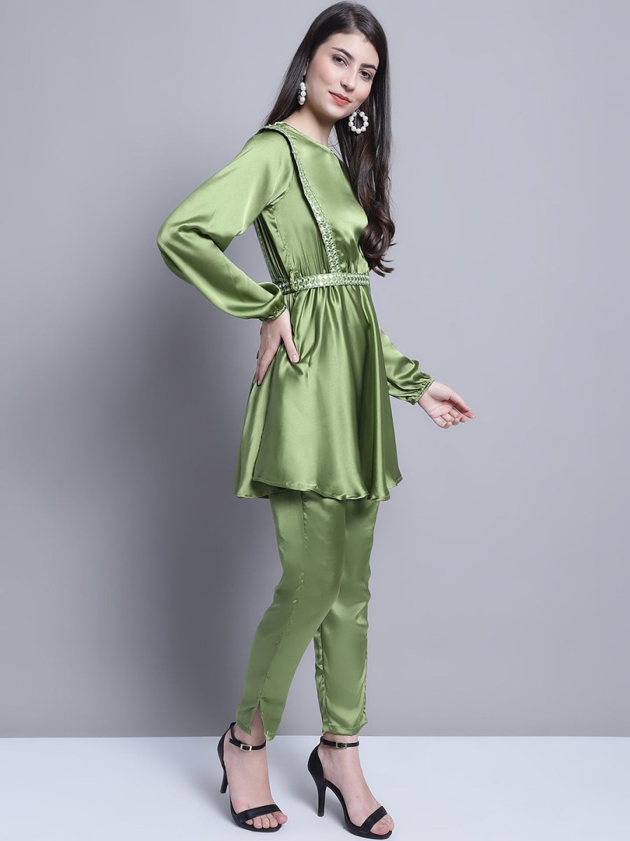 Women's Embroidered A-line Top and Trouser With Belt - JNCS_3005Green_XS