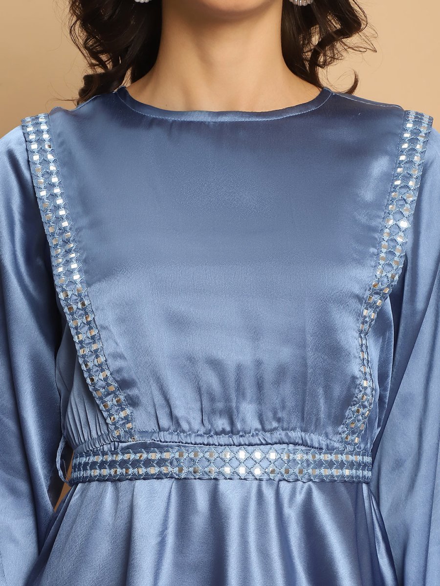 Women's Embroidered A-line Top and Trouser With Belt - JNCS_3005Blue_XS
