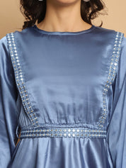 Women's Embroidered A-line Top and Trouser With Belt - JNCS_3005Blue_XS