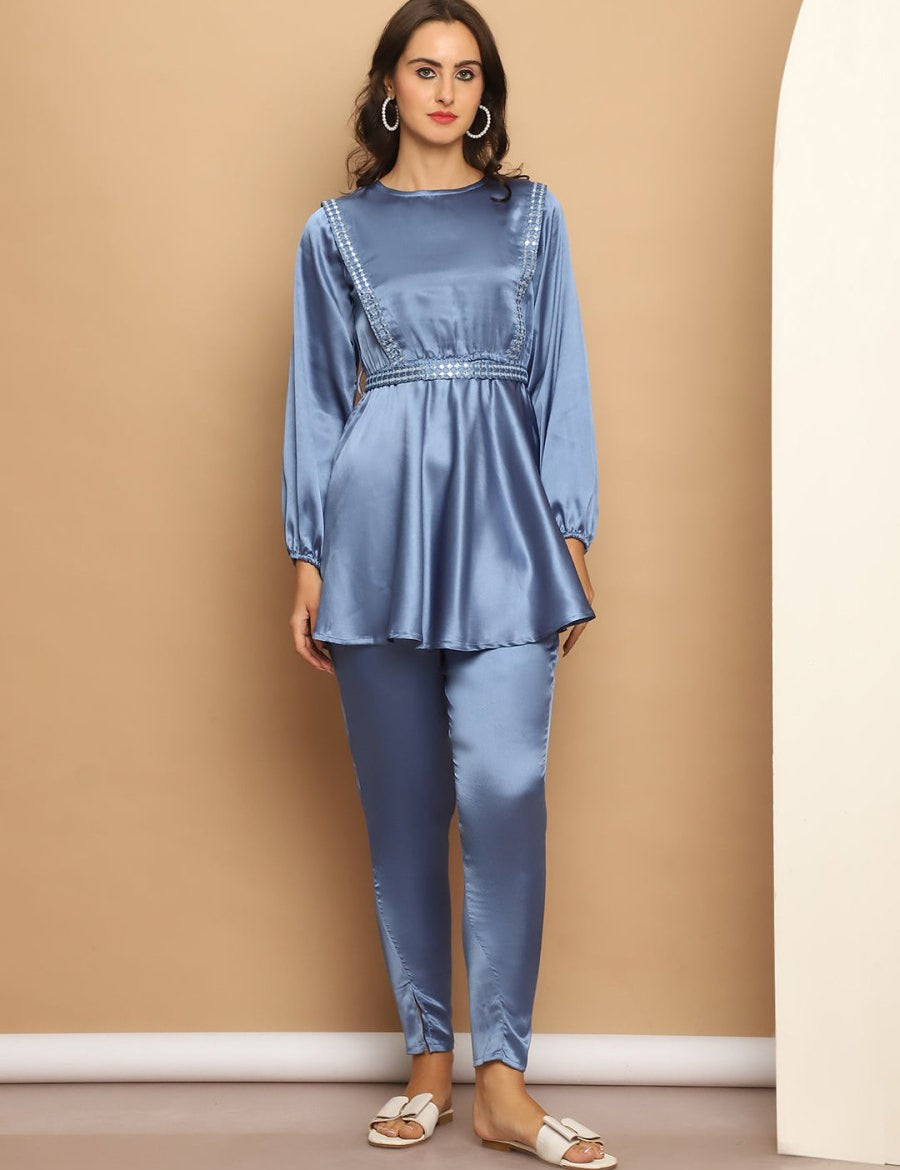 Women's Embroidered A-line Top and Trouser With Belt - JNCS_3005Blue_XS
