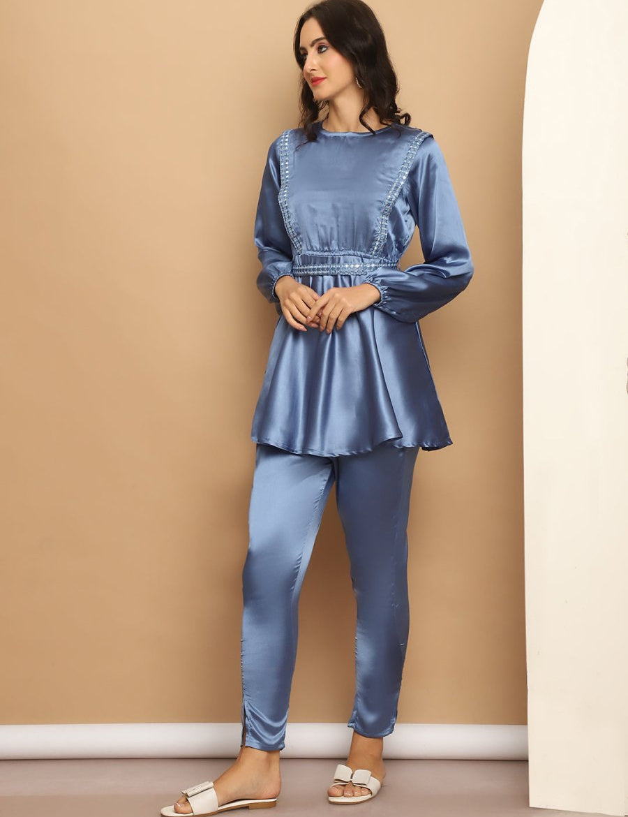 Women's Embroidered A-line Top and Trouser With Belt - JNCS_3005Blue_XS