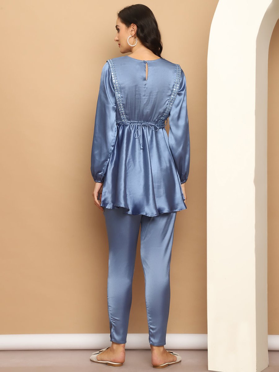 Women's Embroidered A-line Top and Trouser With Belt - JNCS_3005Blue_XS