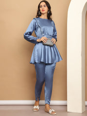 Women's Embroidered A-line Top and Trouser With Belt - JNCS_3005Blue_XS