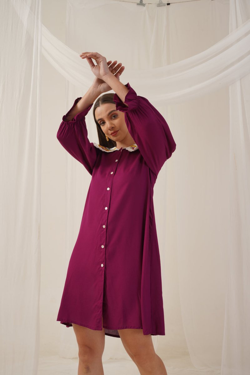 Women's Floral Embroidered A-line Dress - JND_1018Purple_XS