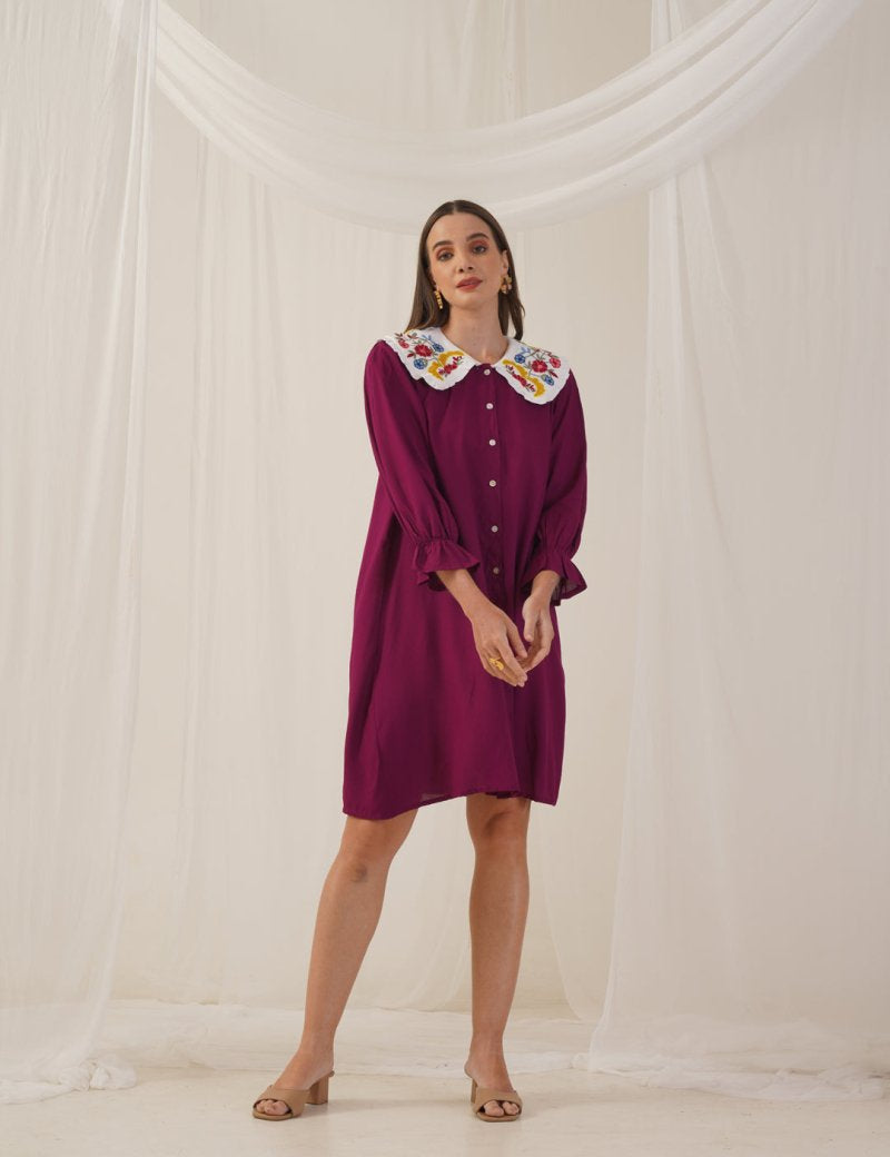Women's Floral Embroidered A-line Dress - JND_1018Purple_XS
