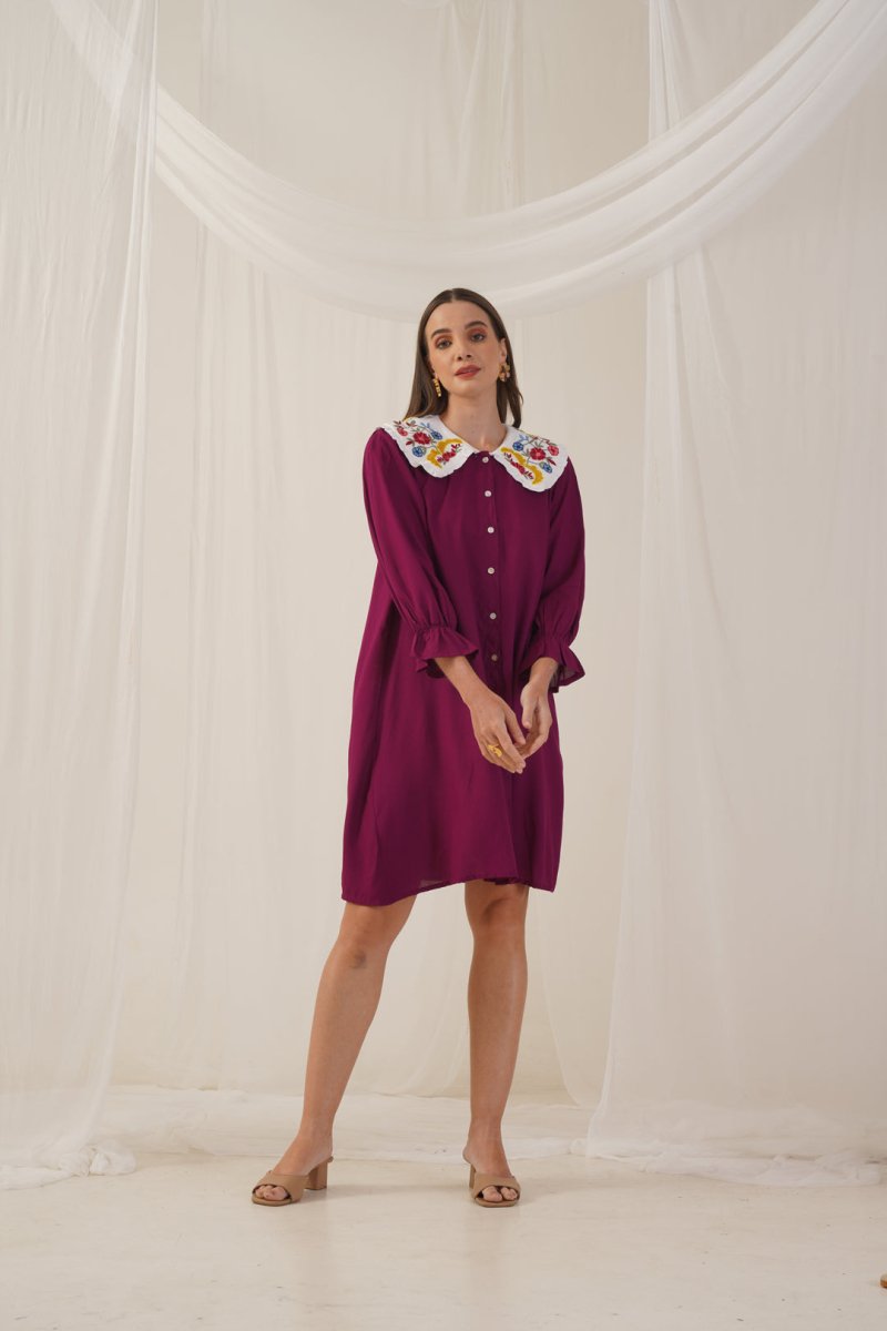 Women's Floral Embroidered A-line Dress - JND_1018Purple_XS