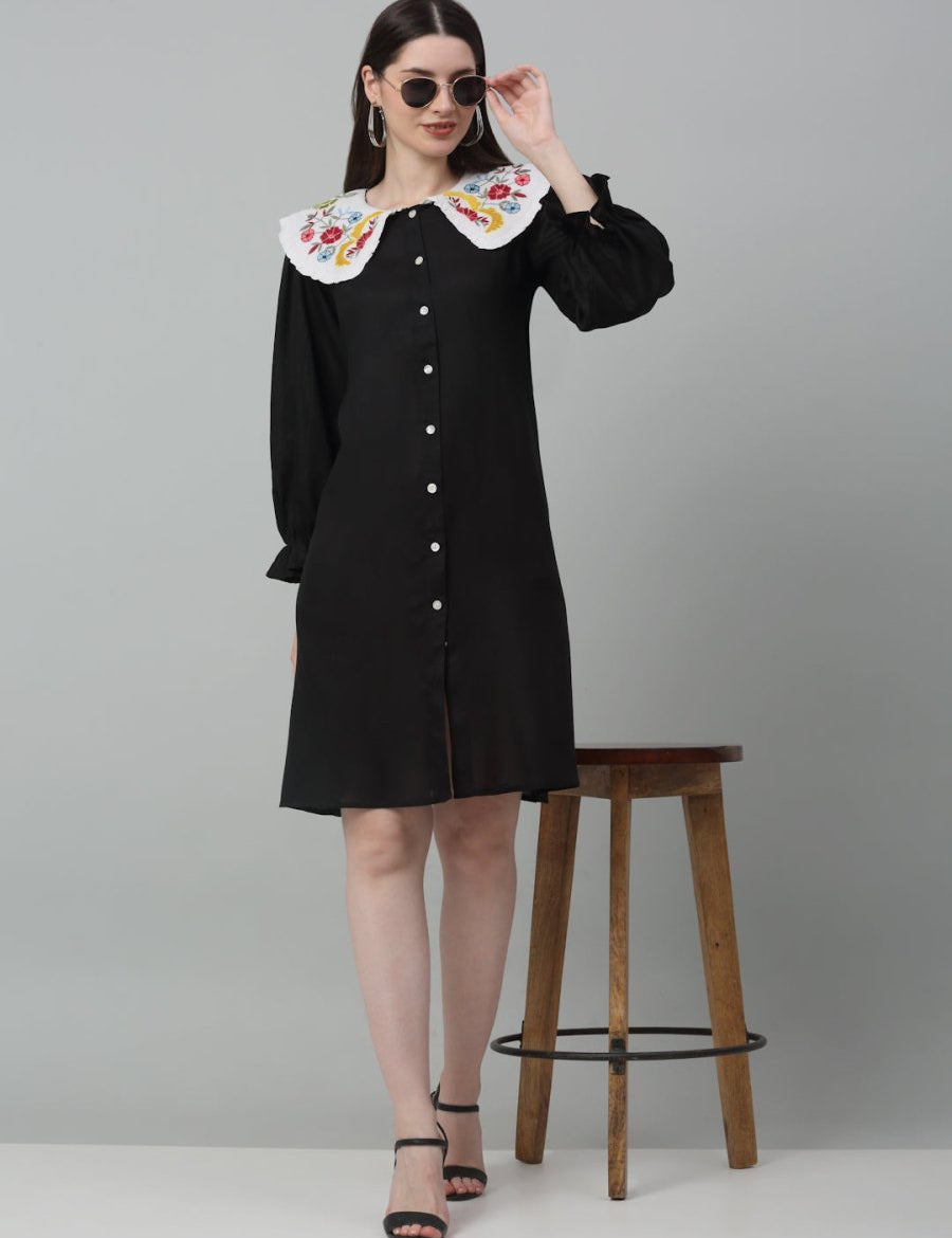 Women's Floral Embroidered A-line Dress - JND_1018Black_XS